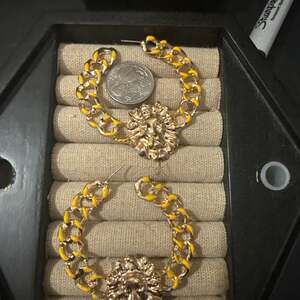 Oversized Gold Lion Head Hoop Earrings, Cuban Link Chain with Yellow Enamel